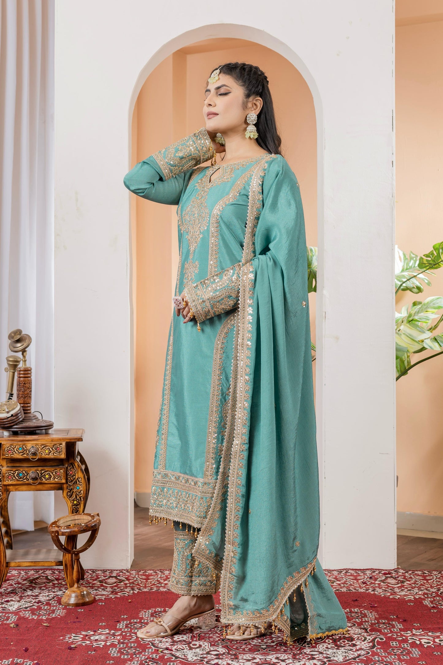 Sky Blue Color Beautiful Partywear Chinon fabric Suit