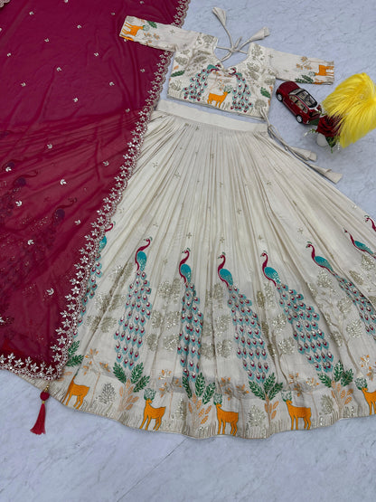 Wedding Wear Lehenga Choli With Cancan In White Cream Color and maroon dupatta