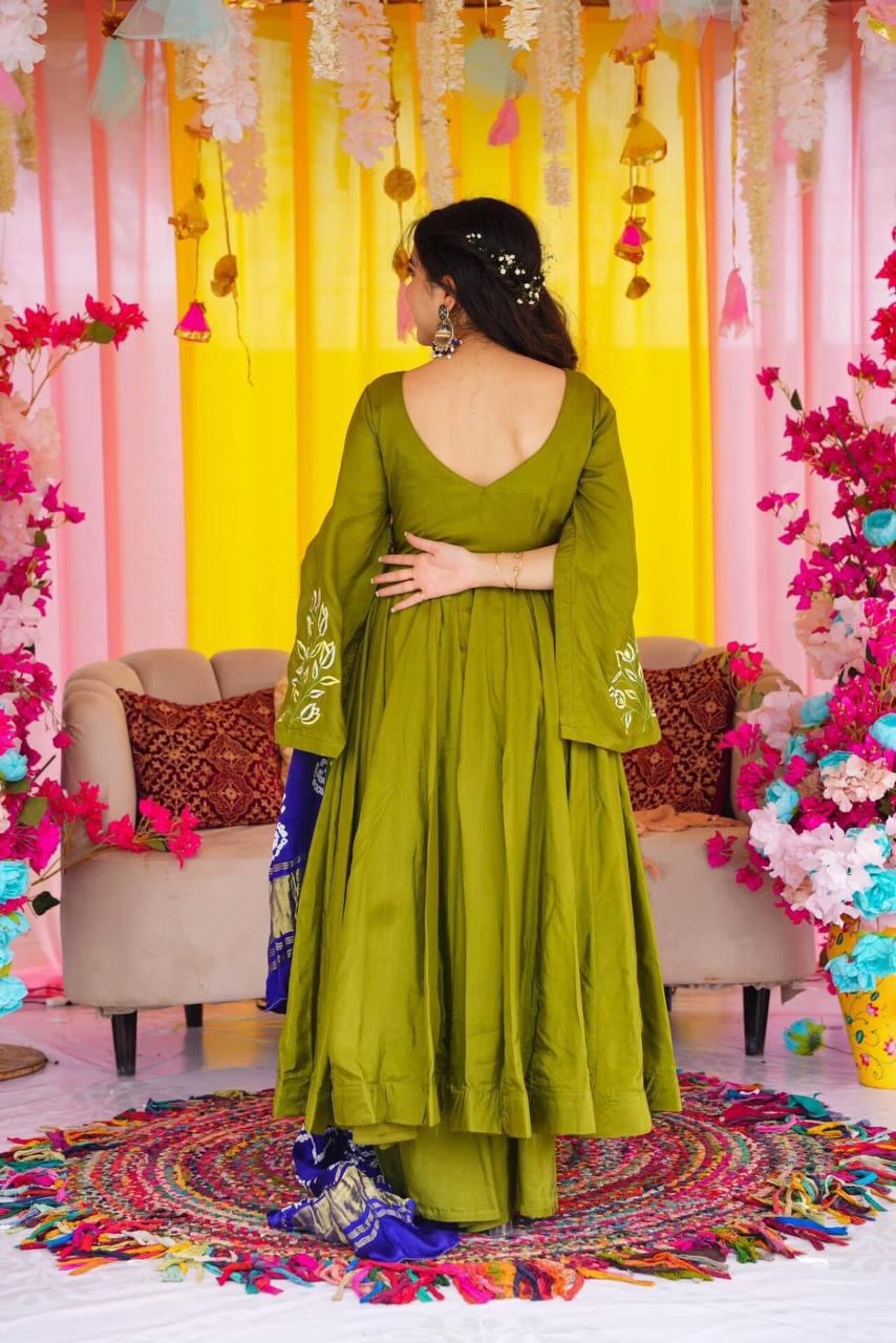 Neon Green Suit Set With Exquisite Embroidery On A Chinnon Kurta, Complemented By A Beautifully Printed Dupatta