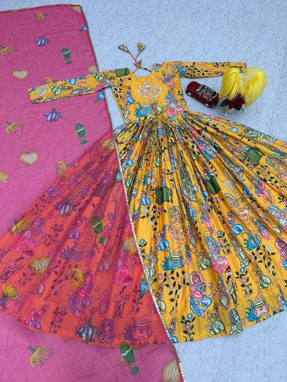 Beautiful Kalamkari Print Gown In Yellow Color