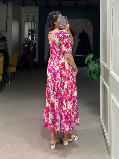 Designer Flower Print Frock In Rayon Fabric in pink color