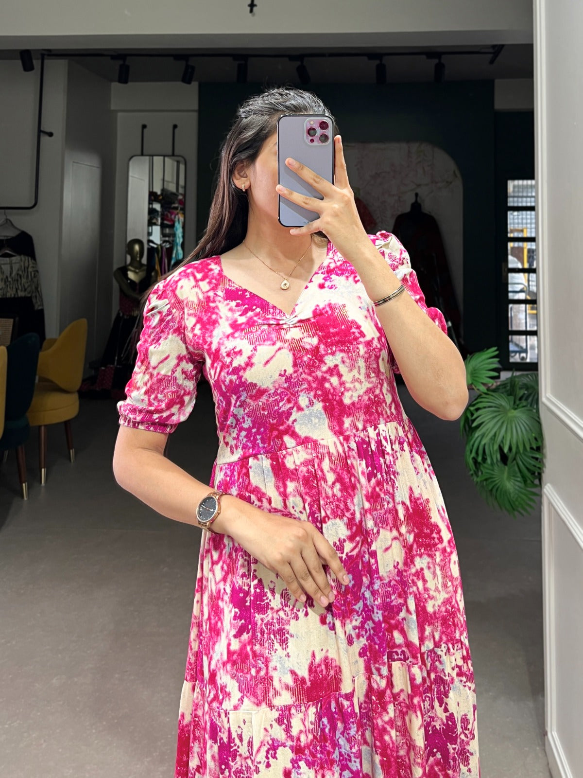 Designer Flower Print Frock In Rayon Fabric in pink color