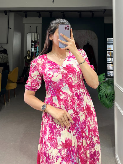 Designer Flower Print Frock In Rayon Fabric in pink color