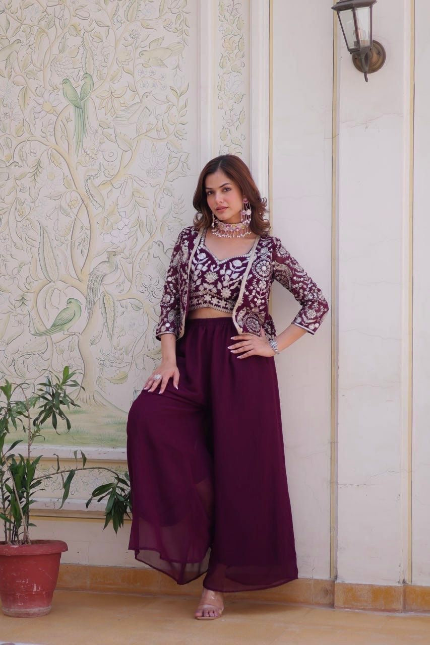 Georgette Fabric Plazo Koti Choli Suit In Maroon color