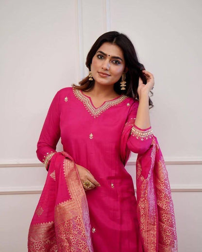 Roman Silk Fabric Designer Festive Wear Kurti Pant And Dupatta IN Pink Color