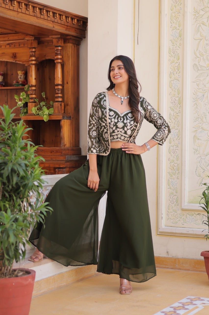 Georgette Fabric Plazo Koti Choli Suit In Green color