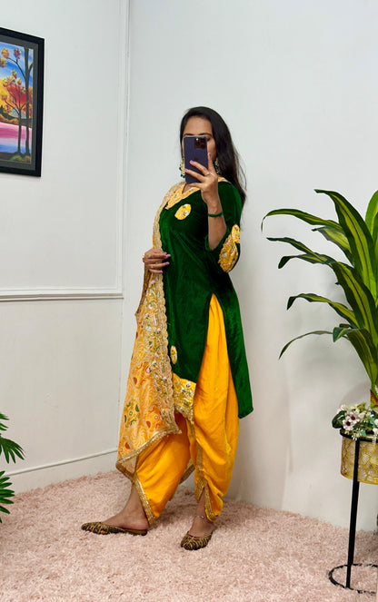 Green Yellow Color Beautiful Velvet Suit For Partywear function