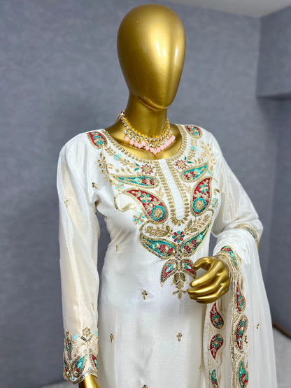 White Color Beautiful Chinon Silk Suit