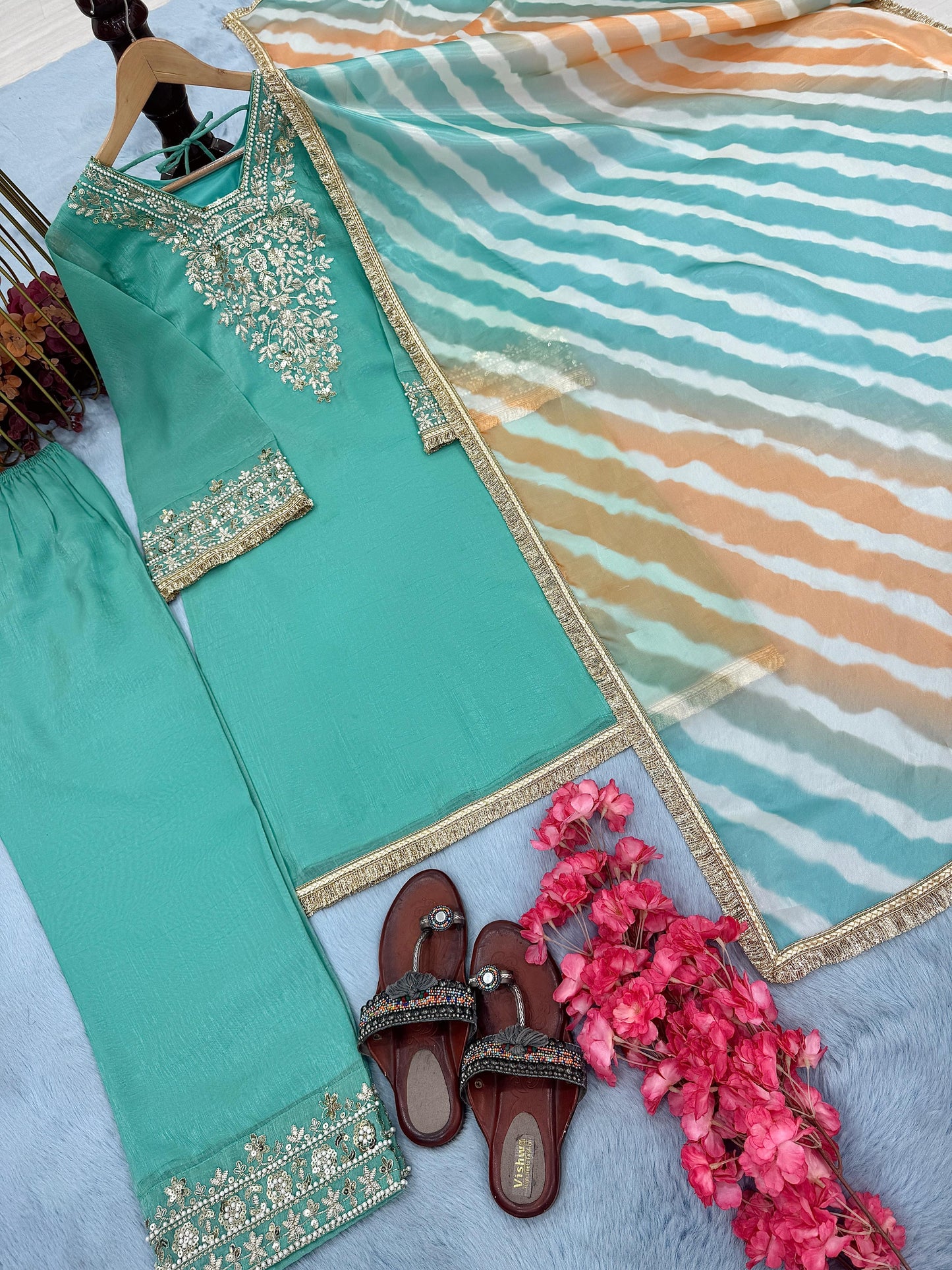 Designer Partywear Heavy Pakistani Suit in sky blue color