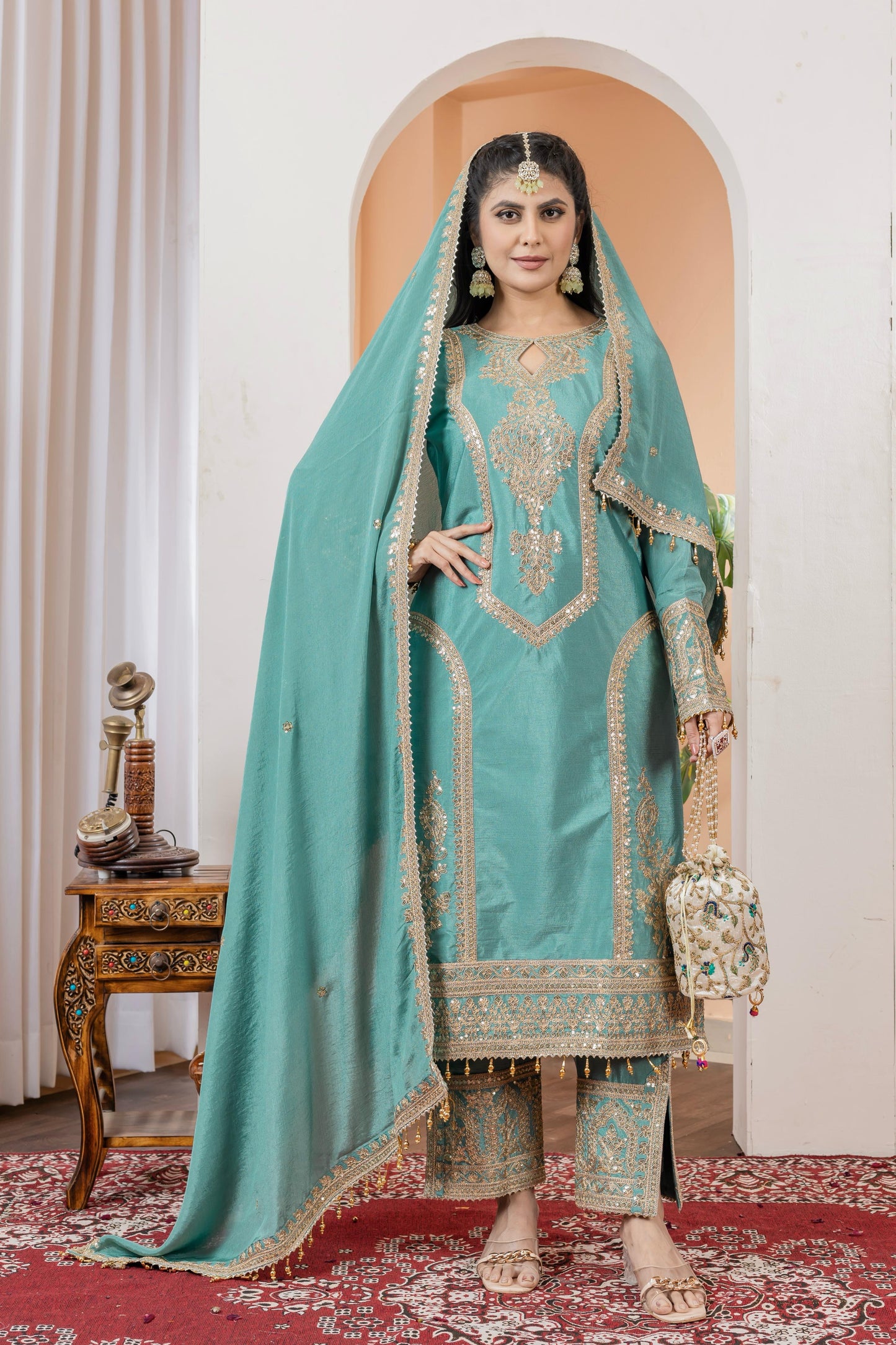 Sky Blue Color Beautiful Partywear Chinon fabric Suit