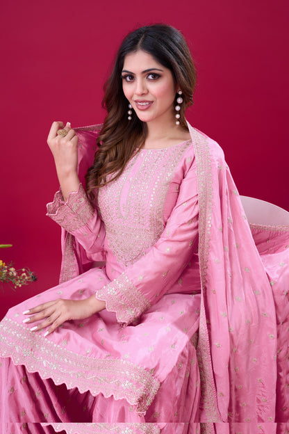 Pink Color Beautiful Partywear Sharara Suit in chinon fabric