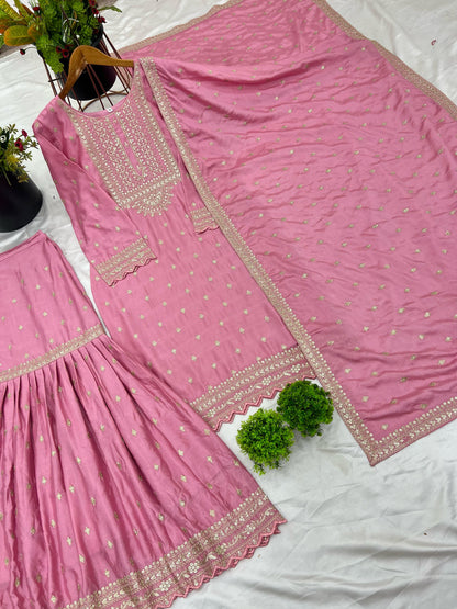 Pink Color Beautiful Partywear Sharara Suit in chinon fabric