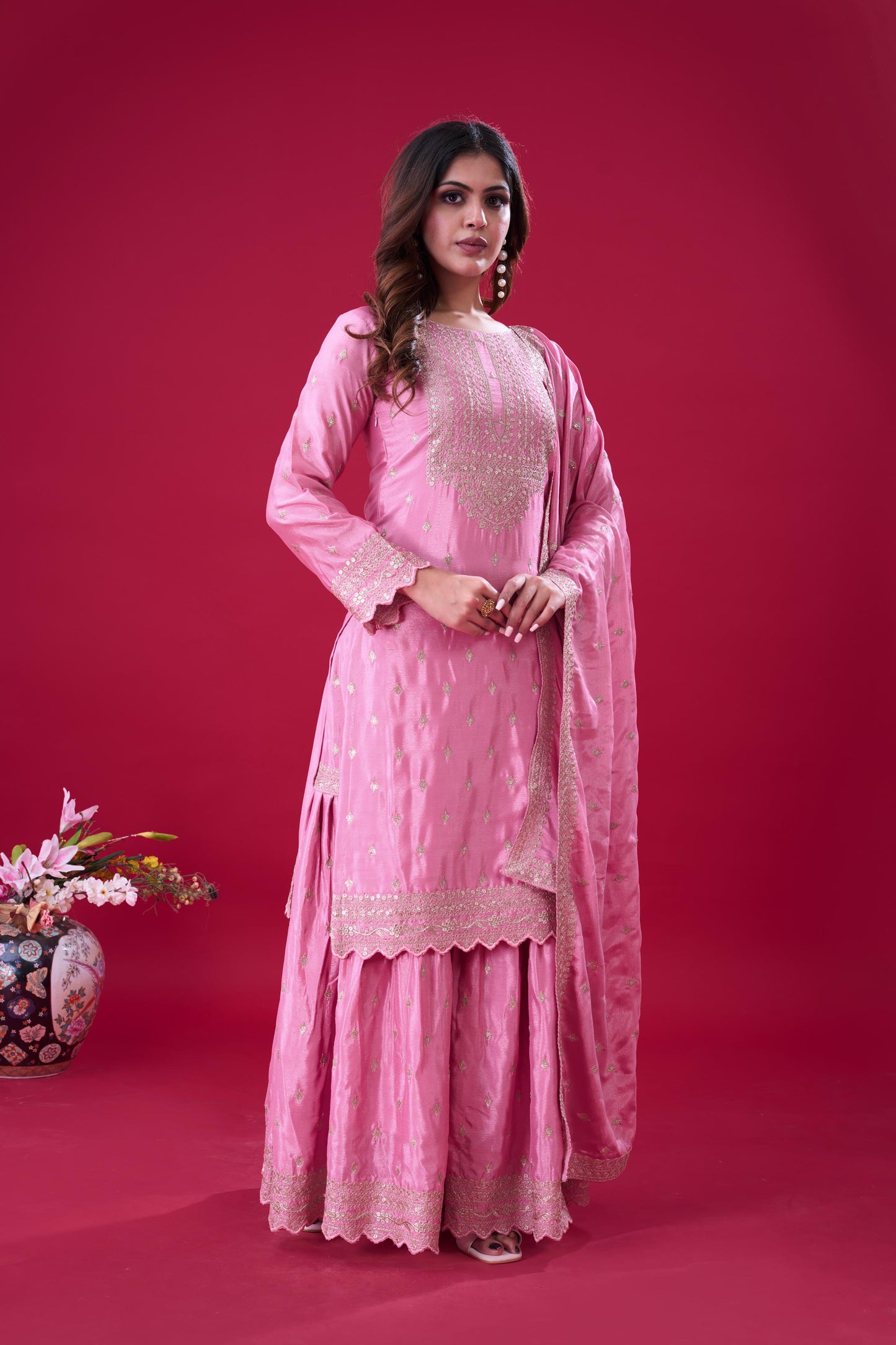 Pink Color Beautiful Partywear Sharara Suit in chinon fabric