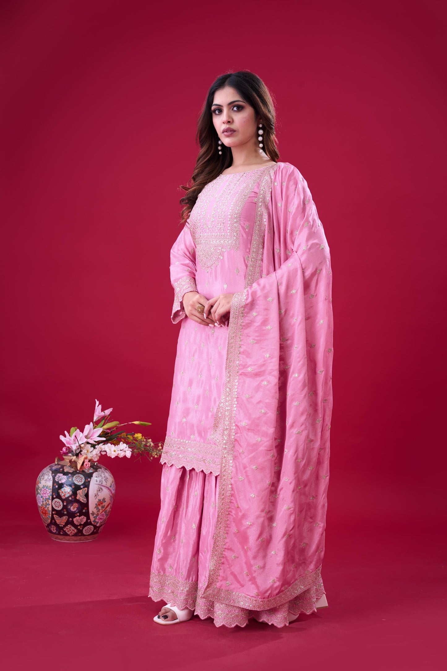 Pink Color Beautiful Partywear Sharara Suit in chinon fabric