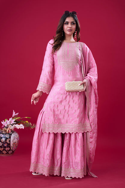 Pink Color Beautiful Partywear Sharara Suit in chinon fabric