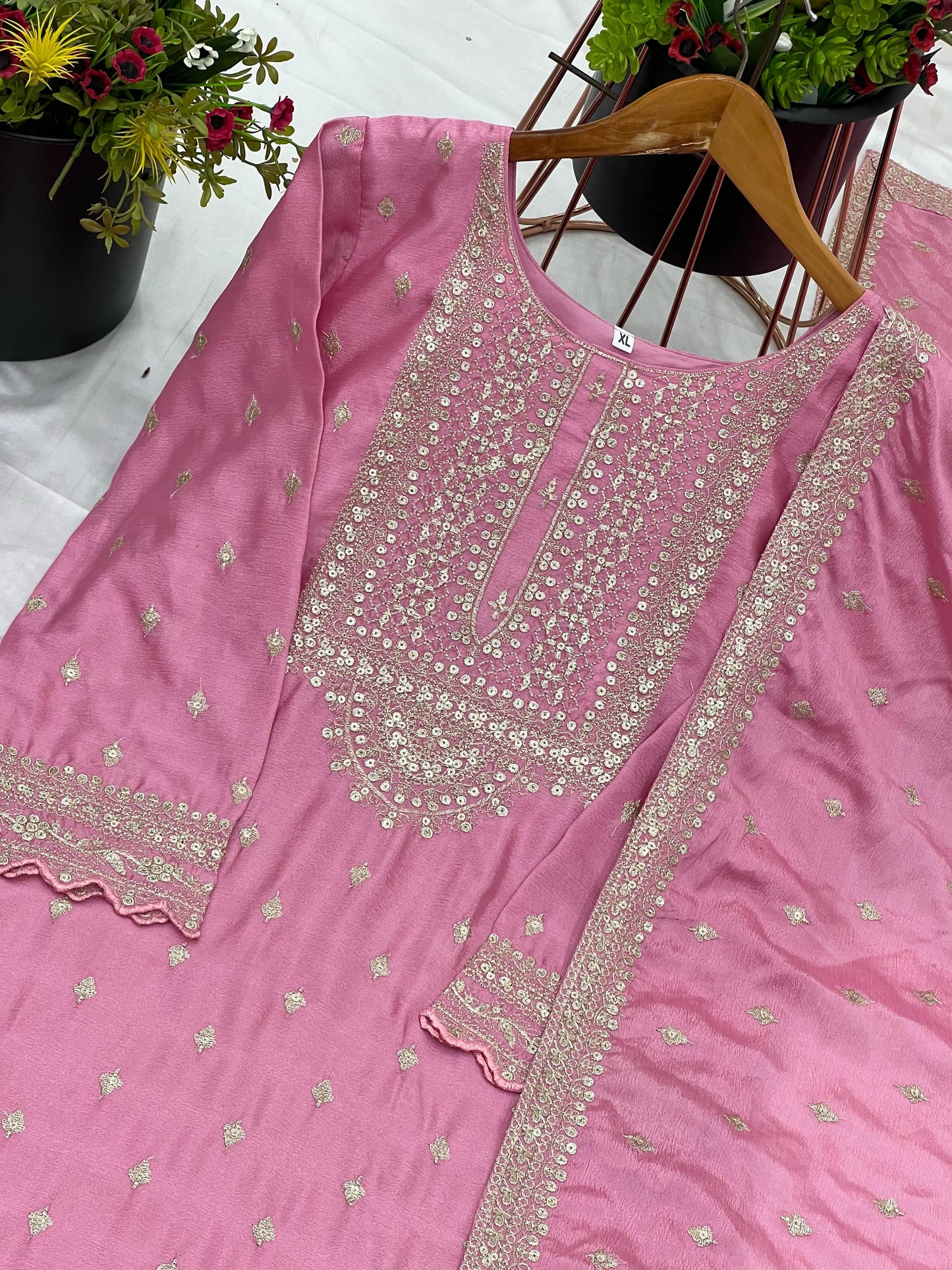 Pink Color Beautiful Partywear Sharara Suit in chinon fabric