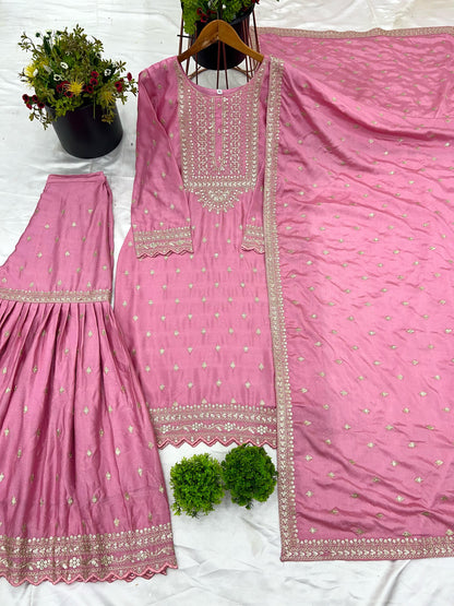 Pink Color Beautiful Partywear Sharara Suit in chinon fabric