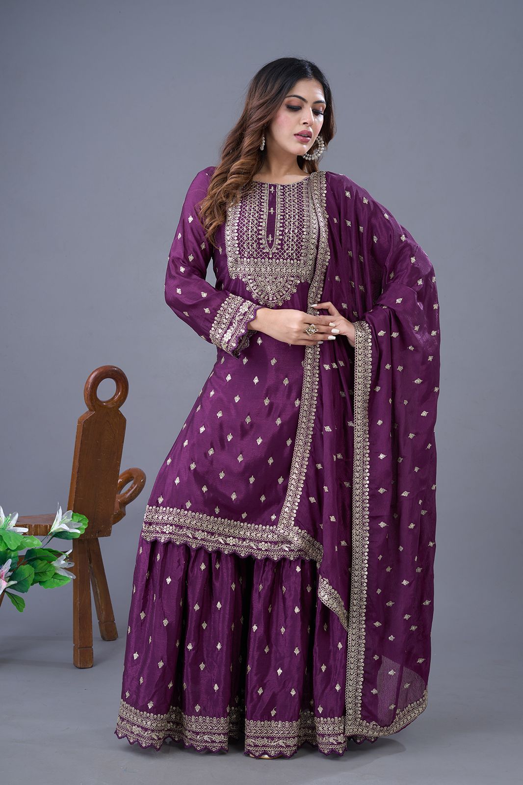 Purple Color Partywear Heavy Sharara Suit in Chinon Fabric