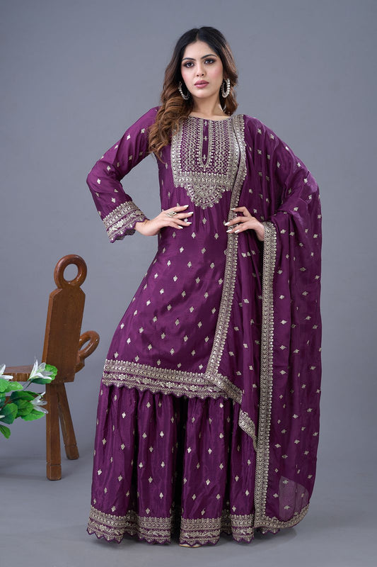 Purple Color Partywear Heavy Sharara Suit in Chinon Fabric