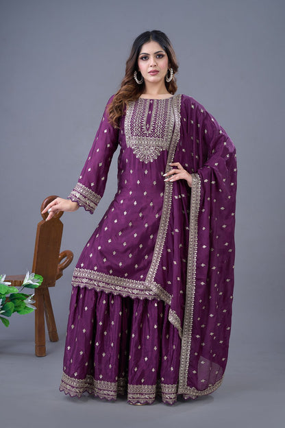 Purple Color Partywear Heavy Sharara Suit in Chinon Fabric