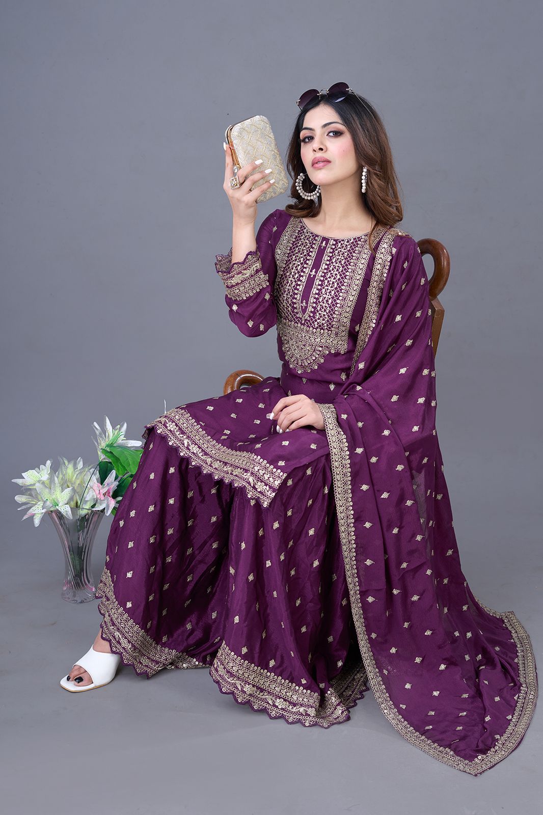 Purple Color Partywear Heavy Sharara Suit in Chinon Fabric