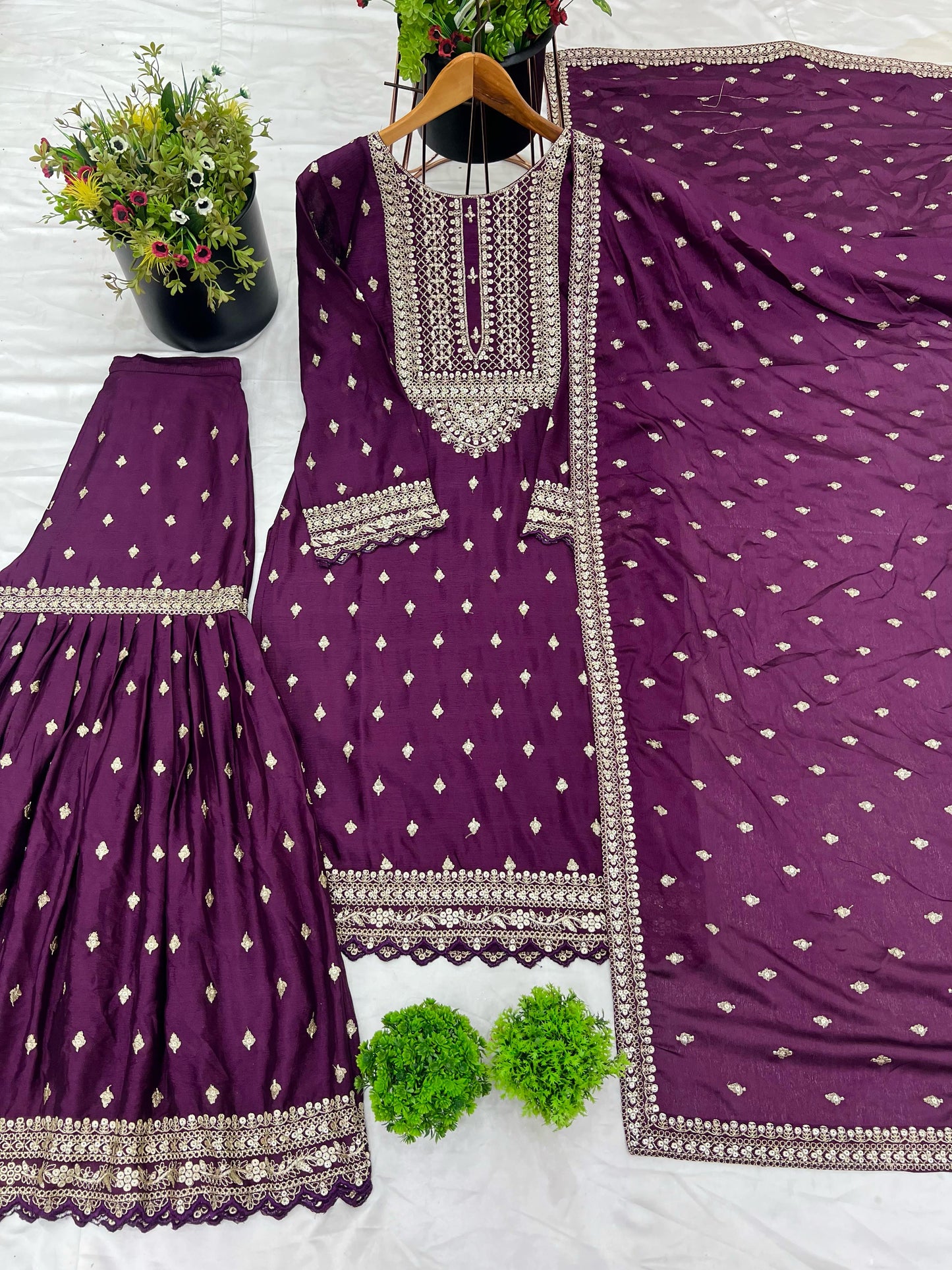 Purple Color Partywear Heavy Sharara Suit in Chinon Fabric