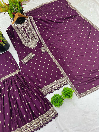 Purple Color Partywear Heavy Sharara Suit in Chinon Fabric