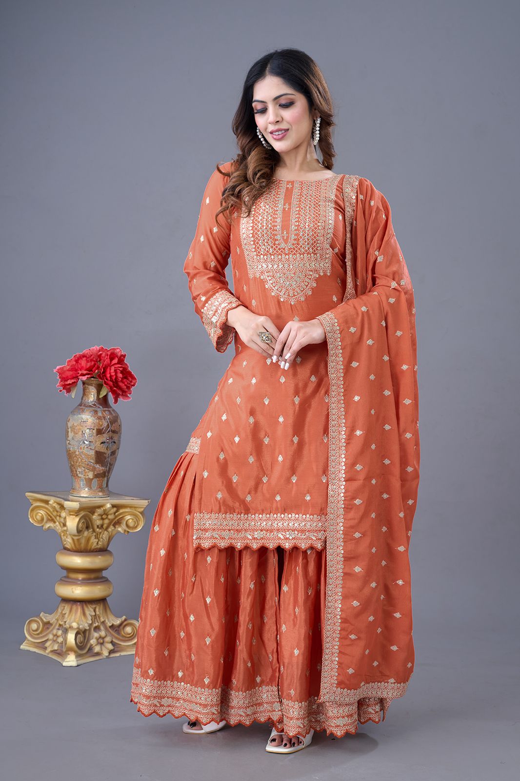 Orange Color Partywear Heavy Sharara Suit in Chinon Fabric