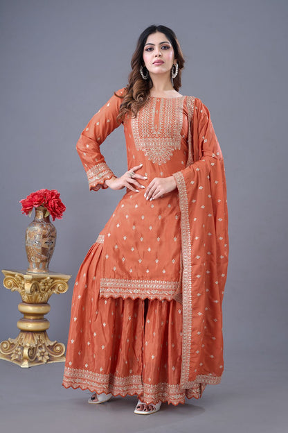 Orange Color Partywear Heavy Sharara Suit in Chinon Fabric