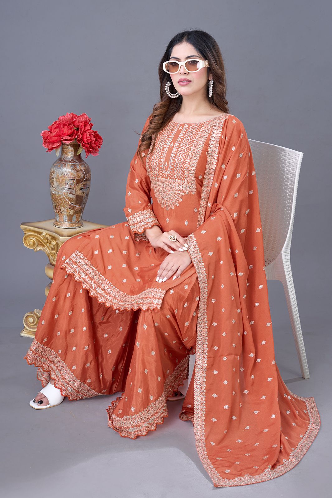 Orange Color Partywear Heavy Sharara Suit in Chinon Fabric