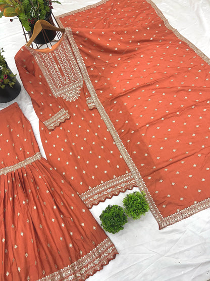 Orange Color Partywear Heavy Sharara Suit in Chinon Fabric