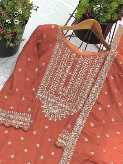 Orange Color Partywear Heavy Sharara Suit in Chinon Fabric