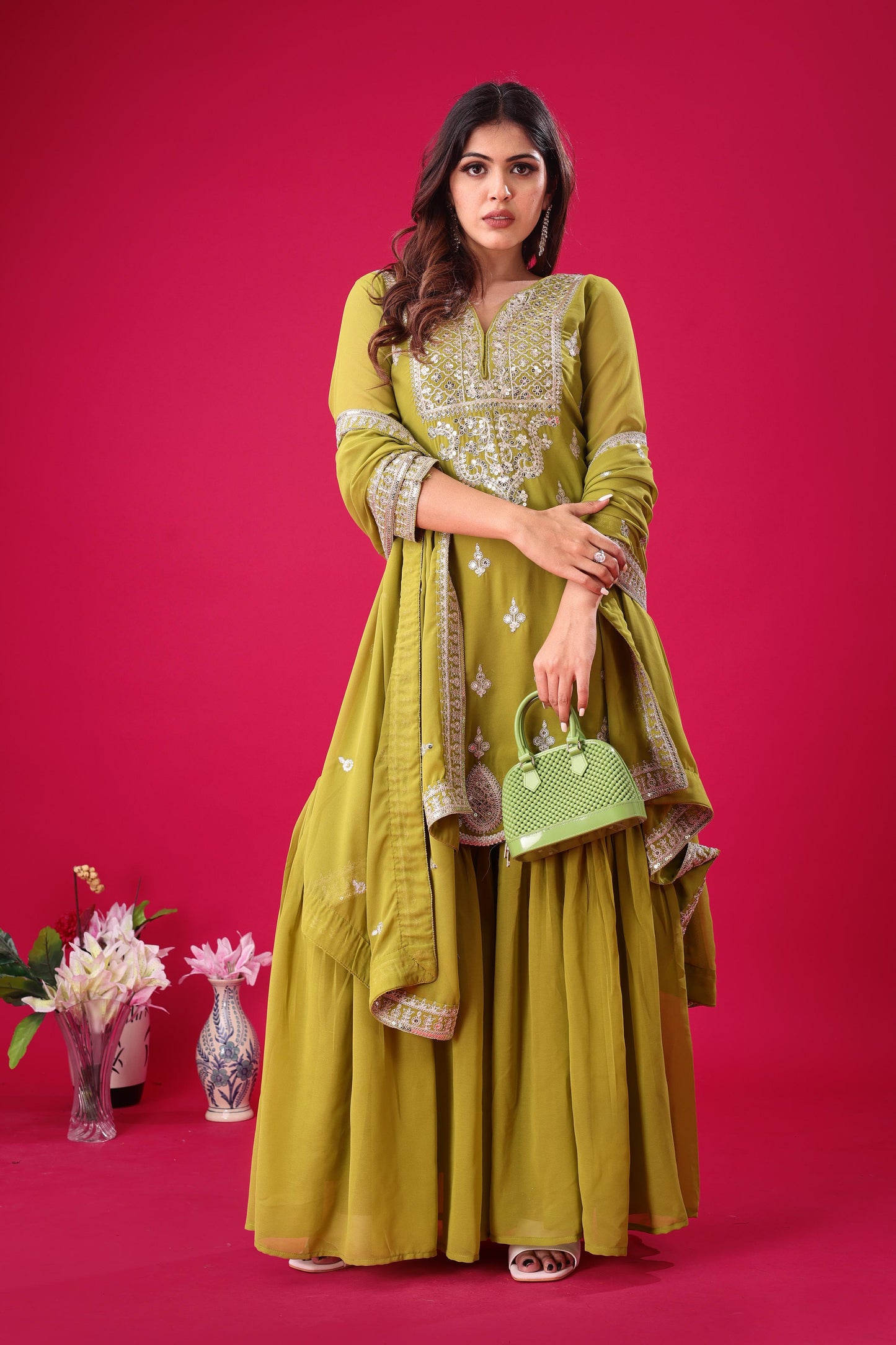 Designer Lite Green Color Partywear Dress in Georgette Fabric