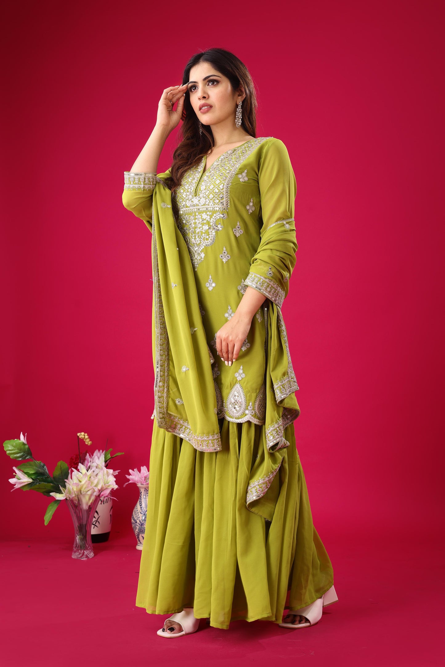 Designer Lite Green Color Partywear Dress in Georgette Fabric
