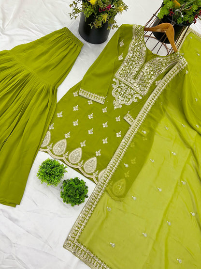 Designer Lite Green Color Partywear Dress in Georgette Fabric