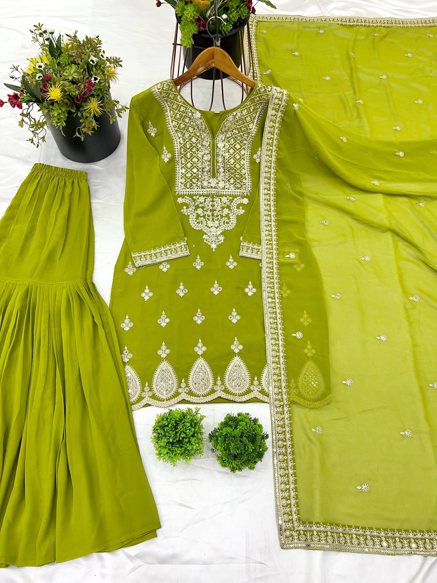 Designer Lite Green Color Partywear Dress in Georgette Fabric