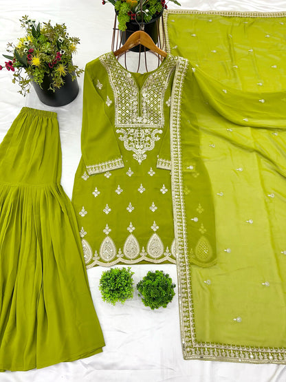 Designer Lite Green Color Partywear Dress in Georgette Fabric