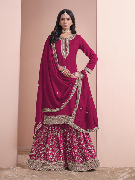 Pink Color Partywear Plazo Suit In Silk Fabric Wedding Function