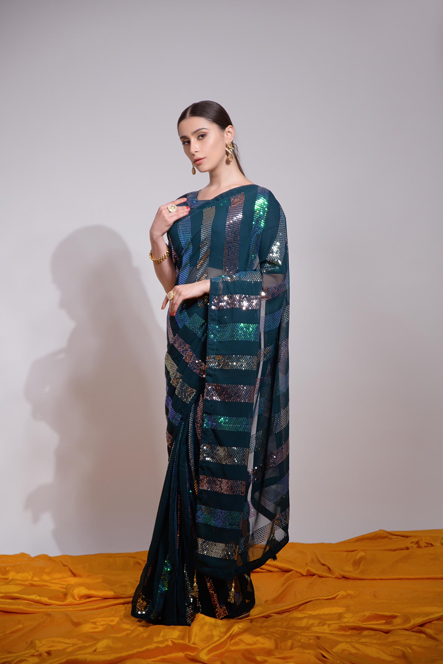 Buy Now Beautiful Georgette Fabric Partywear Saree In Dark Blue Color