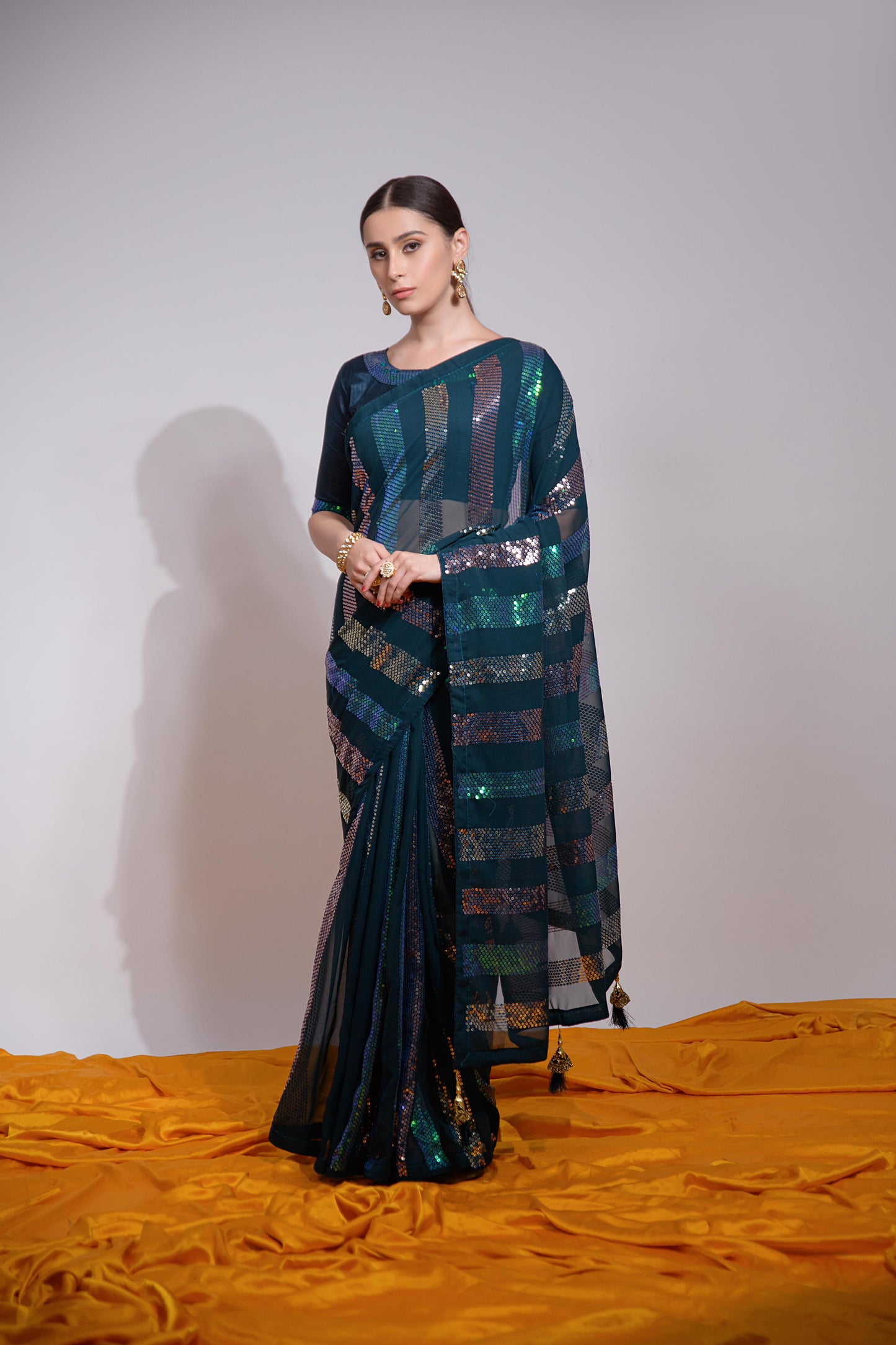 Buy Now Beautiful Georgette Fabric Partywear Saree In Dark Blue Color