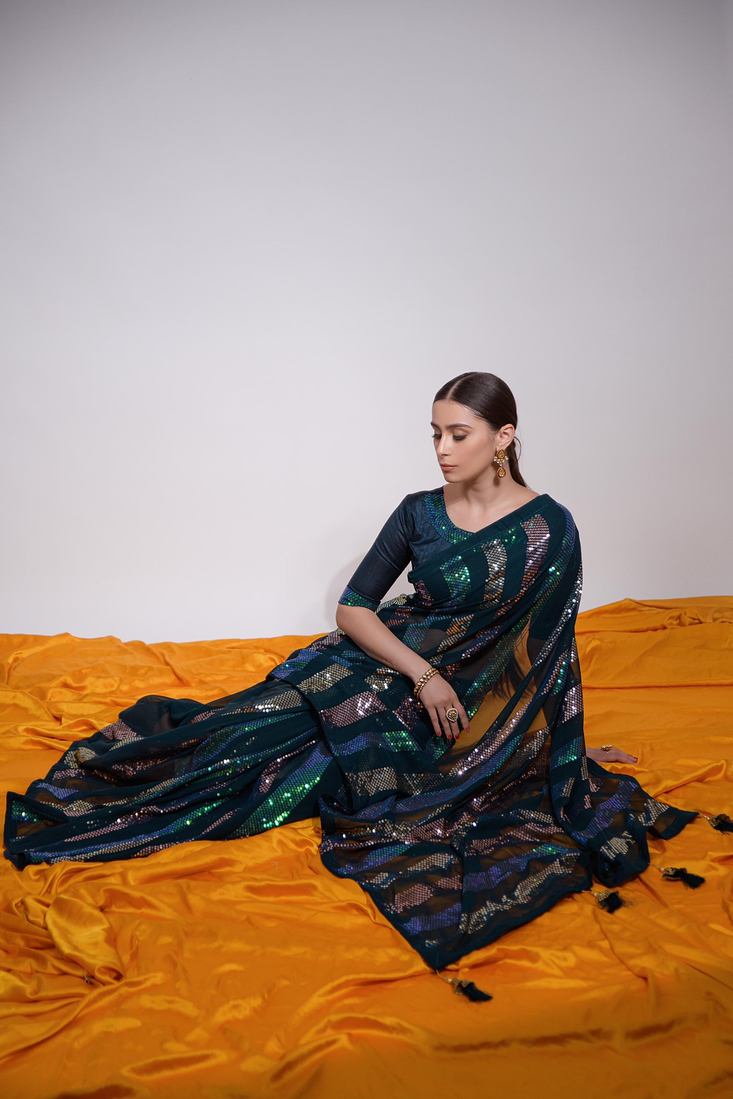 Buy Now Beautiful Georgette Fabric Partywear Saree In Dark Blue Color