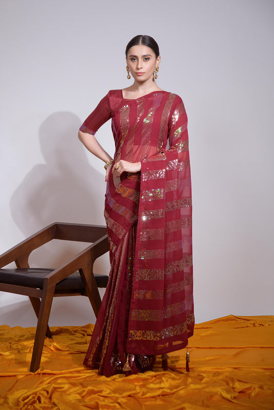 Buy Now Beautiful Georgette Fabric Partywear Saree In Red Color