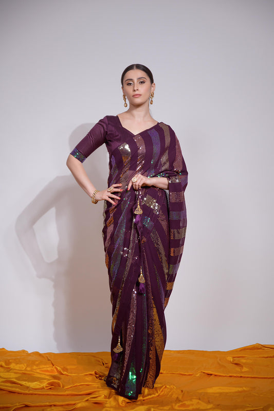 Buy Now Beautiful Georgette Fabric Partywear Saree In Maroon Color