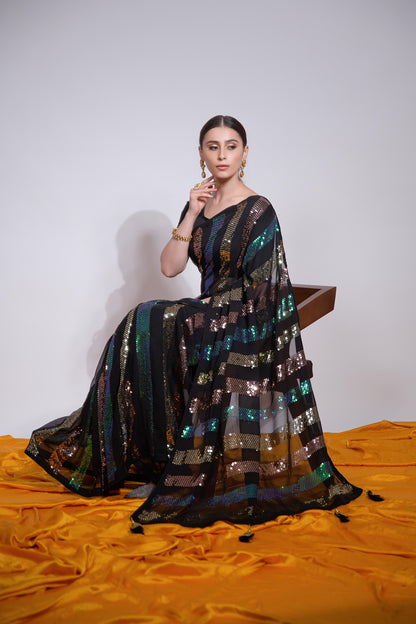 Buy Now Beautiful Georgette Fabric Partywear Saree In Black Color