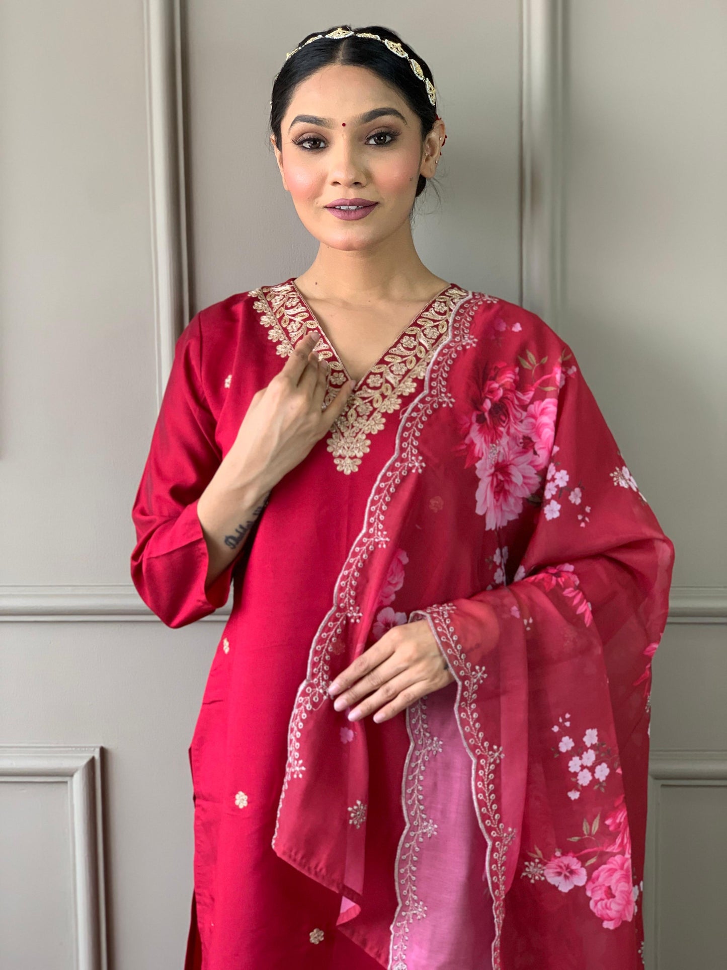 Pink Red Color Beautiful Chanderi Silk Suit