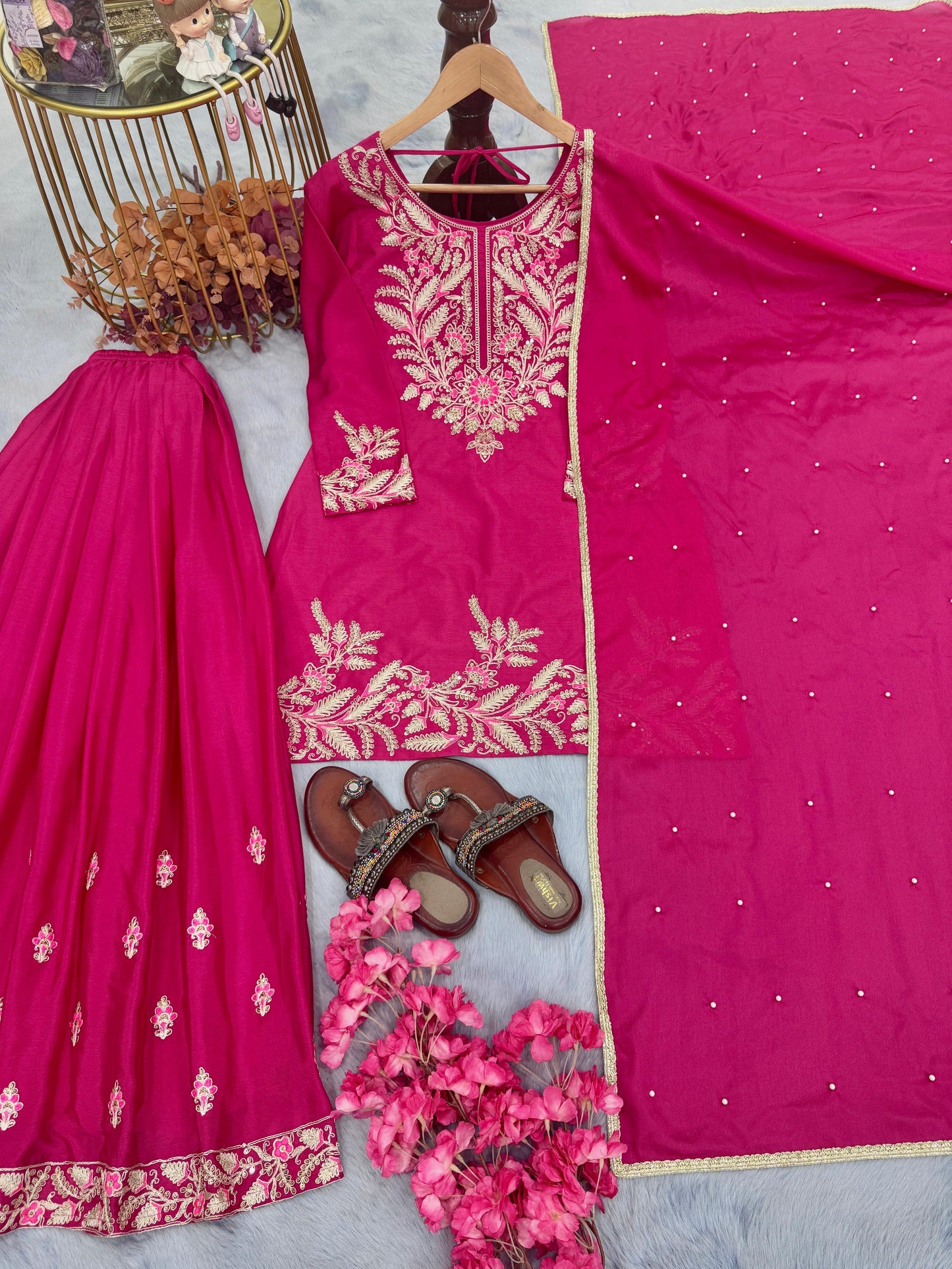 Party Wear Look Pur Chinon Silk Top Plazzo & Dupatta set