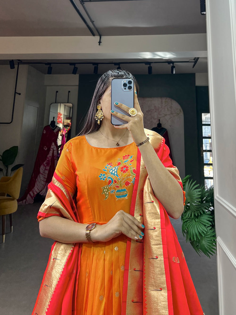 Jacquard Silk Paithani Dress Embodies Timeless Elegance in orange color