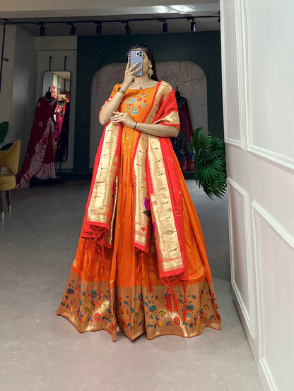 Jacquard Silk Paithani Dress Embodies Timeless Elegance in orange color