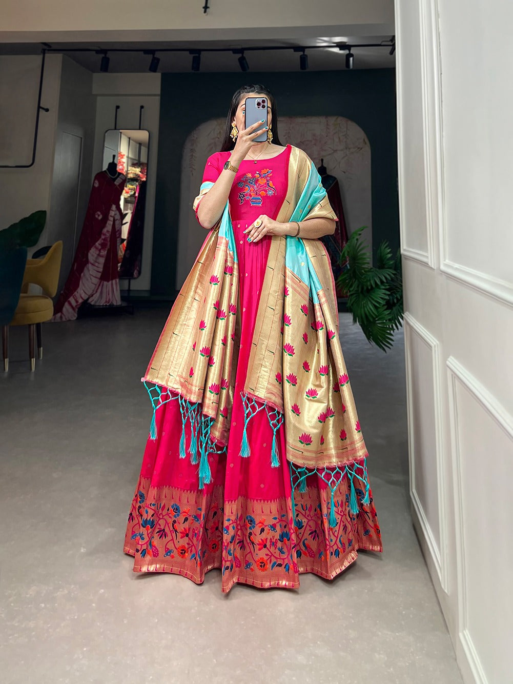 Jacquard Silk Paithani Dress Embodies Timeless Elegance in pink color