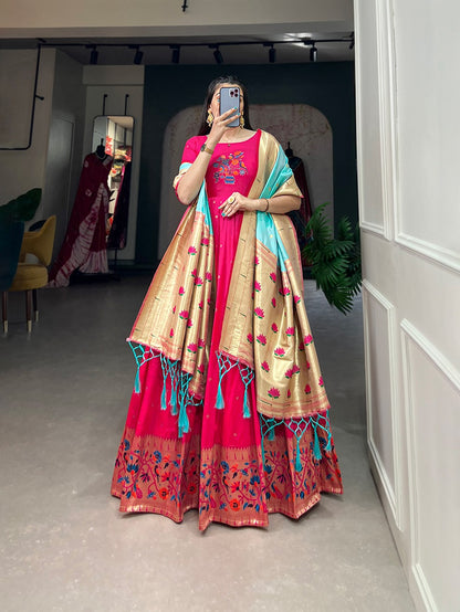 Jacquard Silk Paithani Dress Embodies Timeless Elegance in pink color